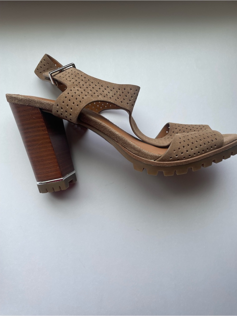 SARTO By Franco Sarto Tan Perforated Suede Block Heel Sandals - Picture 7 of 7